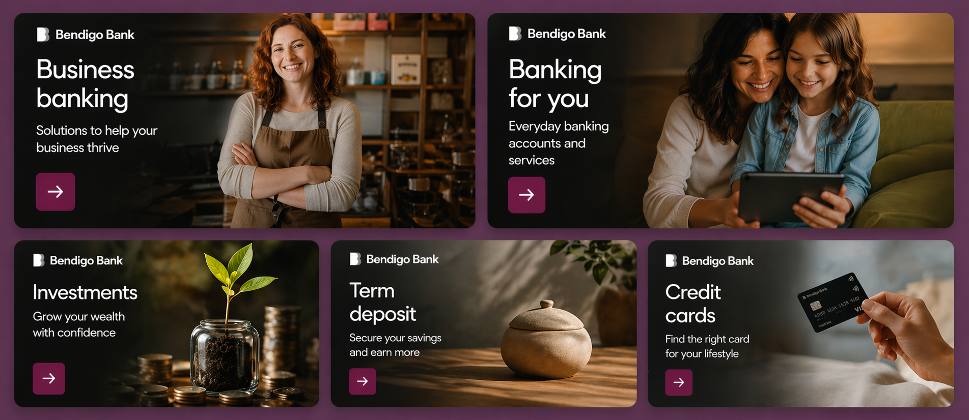 Bendigo Bank product page collage — Business banking, Banking for you, Investments, Term deposit, and Credit cards