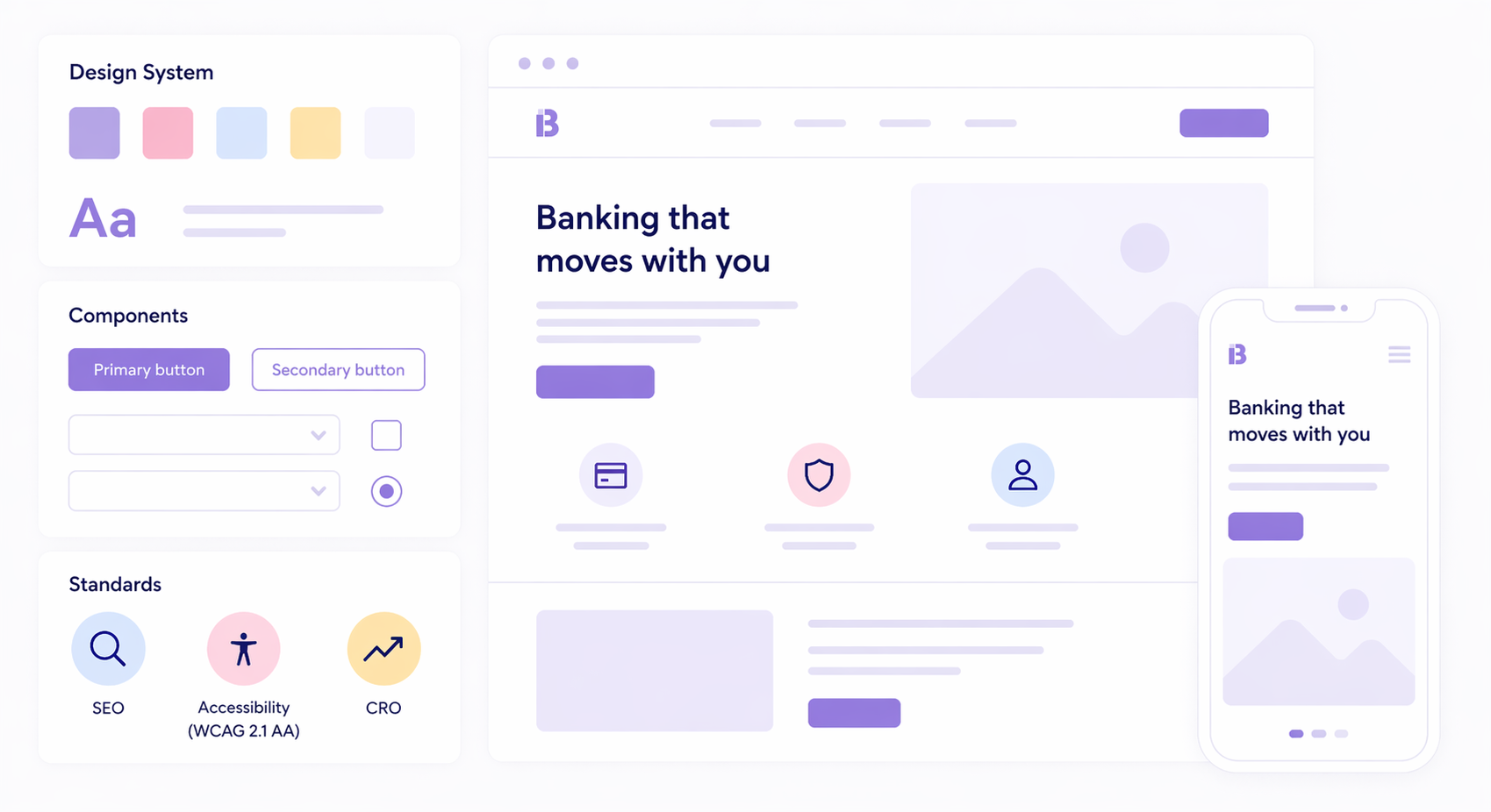 High-fidelity design illustration — Bendigo Bank design system tokens, components, standards (SEO, Accessibility WCAG 2.1 AA, CRO), and desktop + mobile mockups