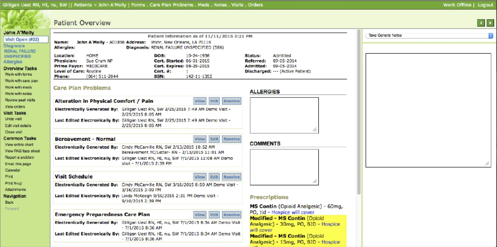 Screenshot of legacy healthcare system circa 2002 — patient overview with green/grey table-heavy interface