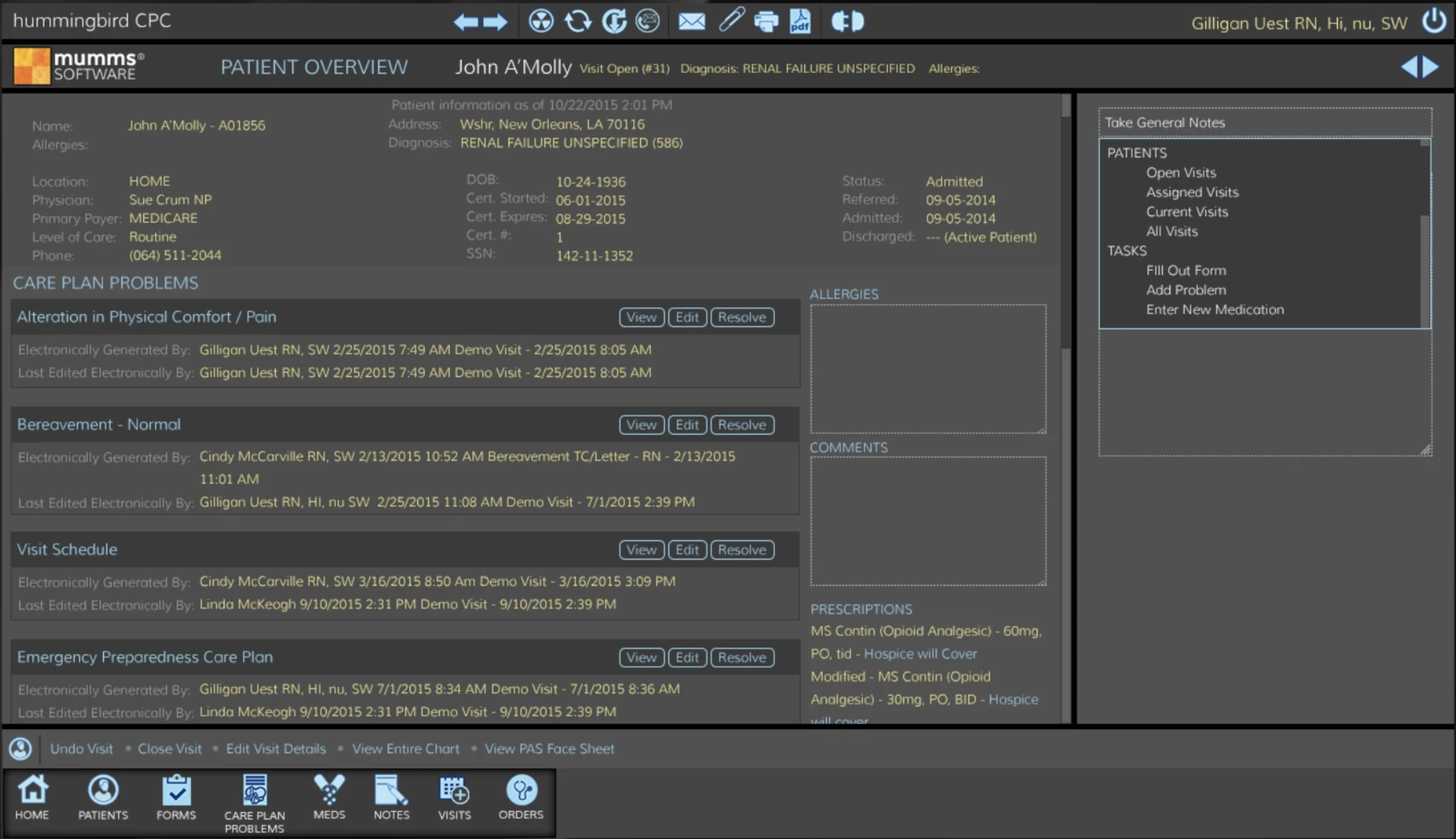 Screenshot of 2016 redesign — dark UI patient overview with mumms Software branding and card-based layout